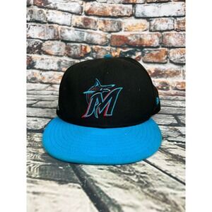 New Era Florida Marlins NL East Fitted Baseball Cap Black Teal 7 1/8